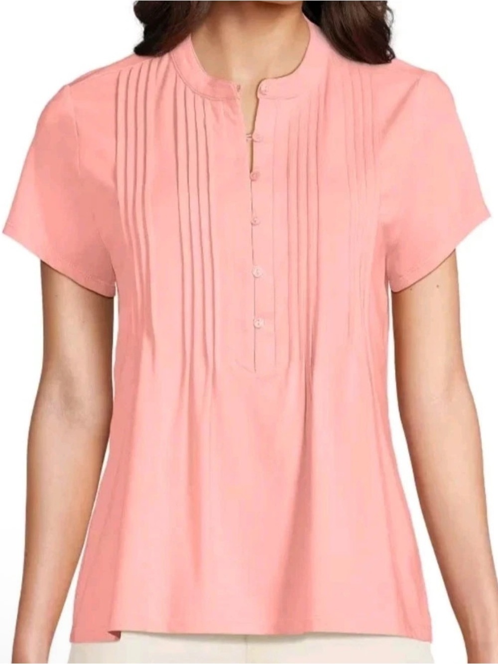 Land’s End Women's Lightweight Jersey Button Pintuck Top Short-Sleeve Coral Sz L